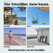 Sfeerimpressies van vier fotostijlen: Normaal, Retro, Analoog en Zwart-wit.
