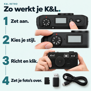 Vier gebruiksstappen van de zwarte K&L Retro Camera: aanzetten, stijl kiezen, fotograferen en overzetten.