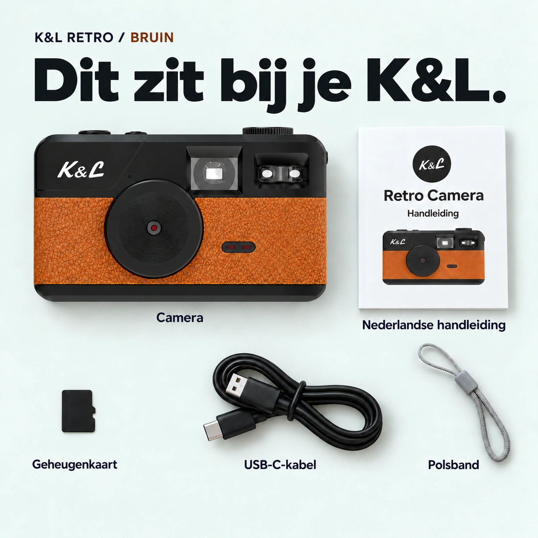 Camera, geheugenkaart, USB-C kabel en polsbandje. Kaartlezer niet inbegrepen.