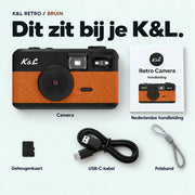 Camera, geheugenkaart, USB-C kabel en polsbandje. Kaartlezer niet inbegrepen.