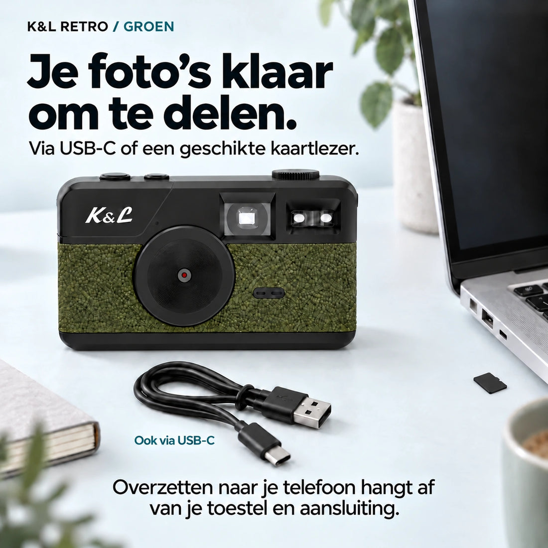 Foto’s overzetten via USB-C naar je computer. Kaartlezer niet inbegrepen.
