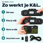 Vier gebruiksstappen van de groene K&L Retro Camera: aanzetten, stijl kiezen, fotograferen en overzetten.