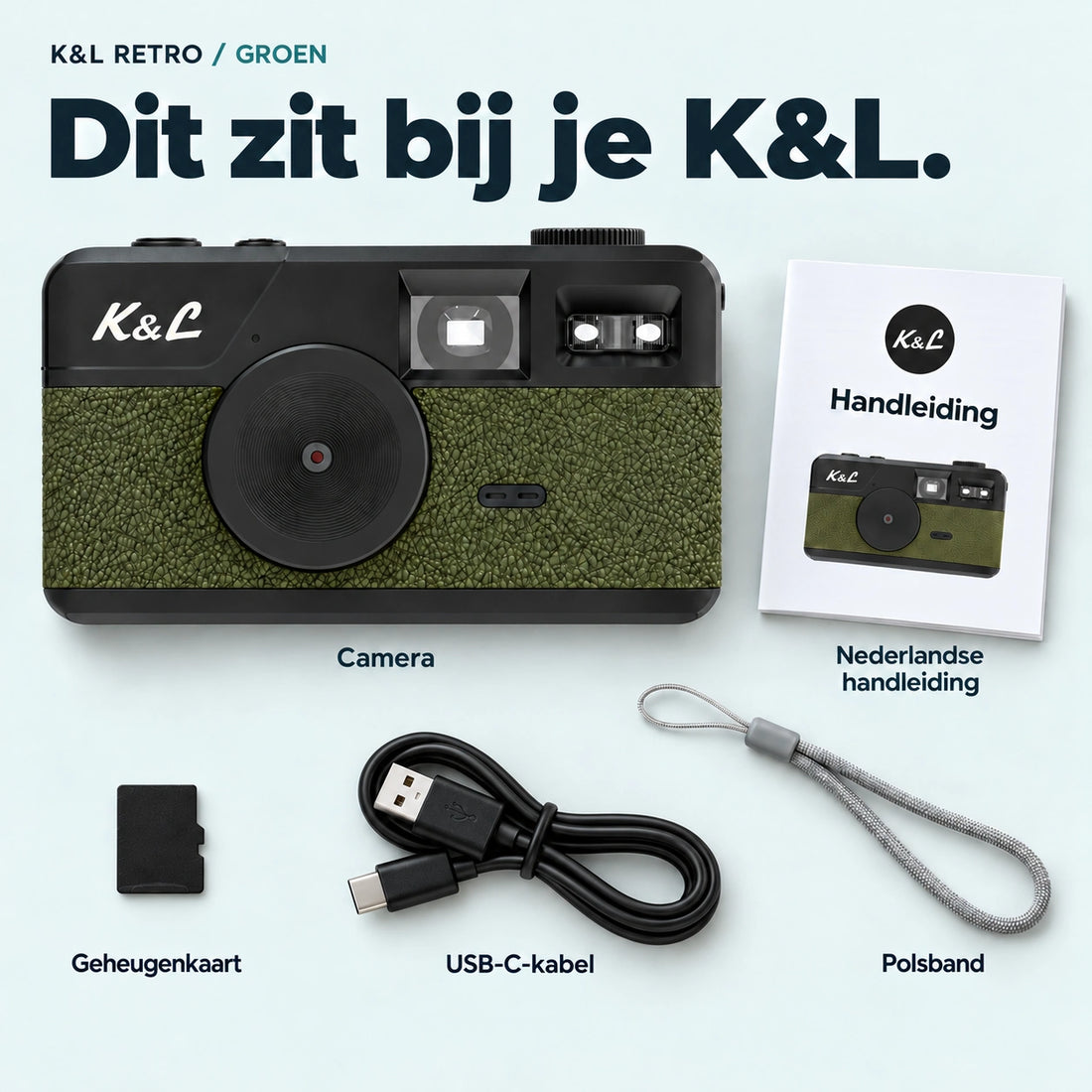 Camera, geheugenkaart, USB-C kabel en polsbandje. Kaartlezer niet inbegrepen.