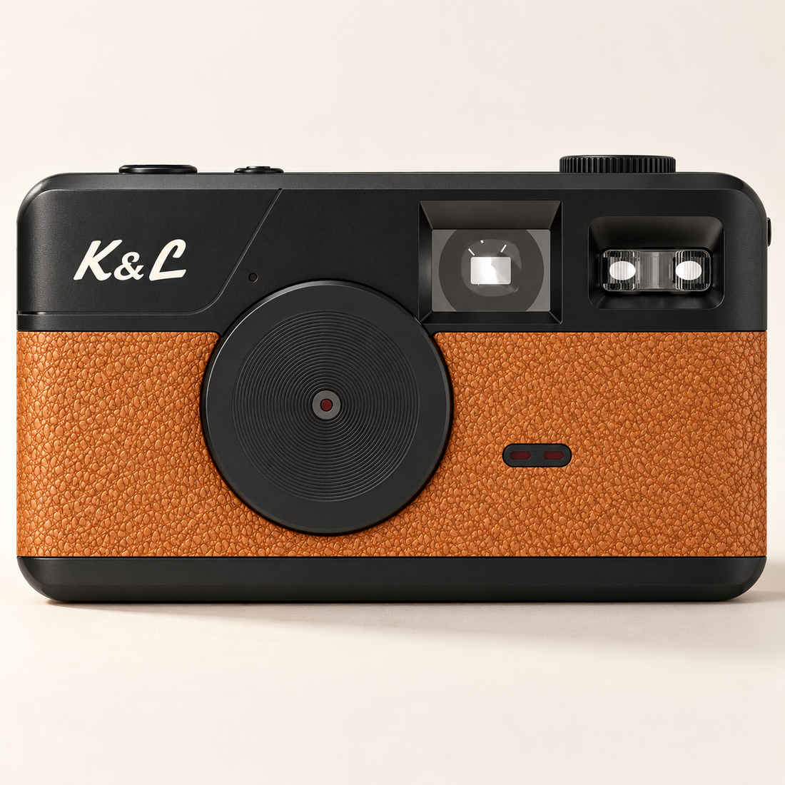 Bruine K&L Retro Camera in een lichte studio-opstelling.