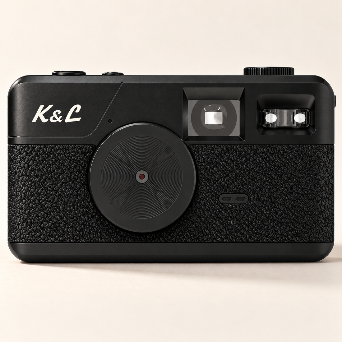 Zwarte K&L Retro Camera in een lichte studio-opstelling.