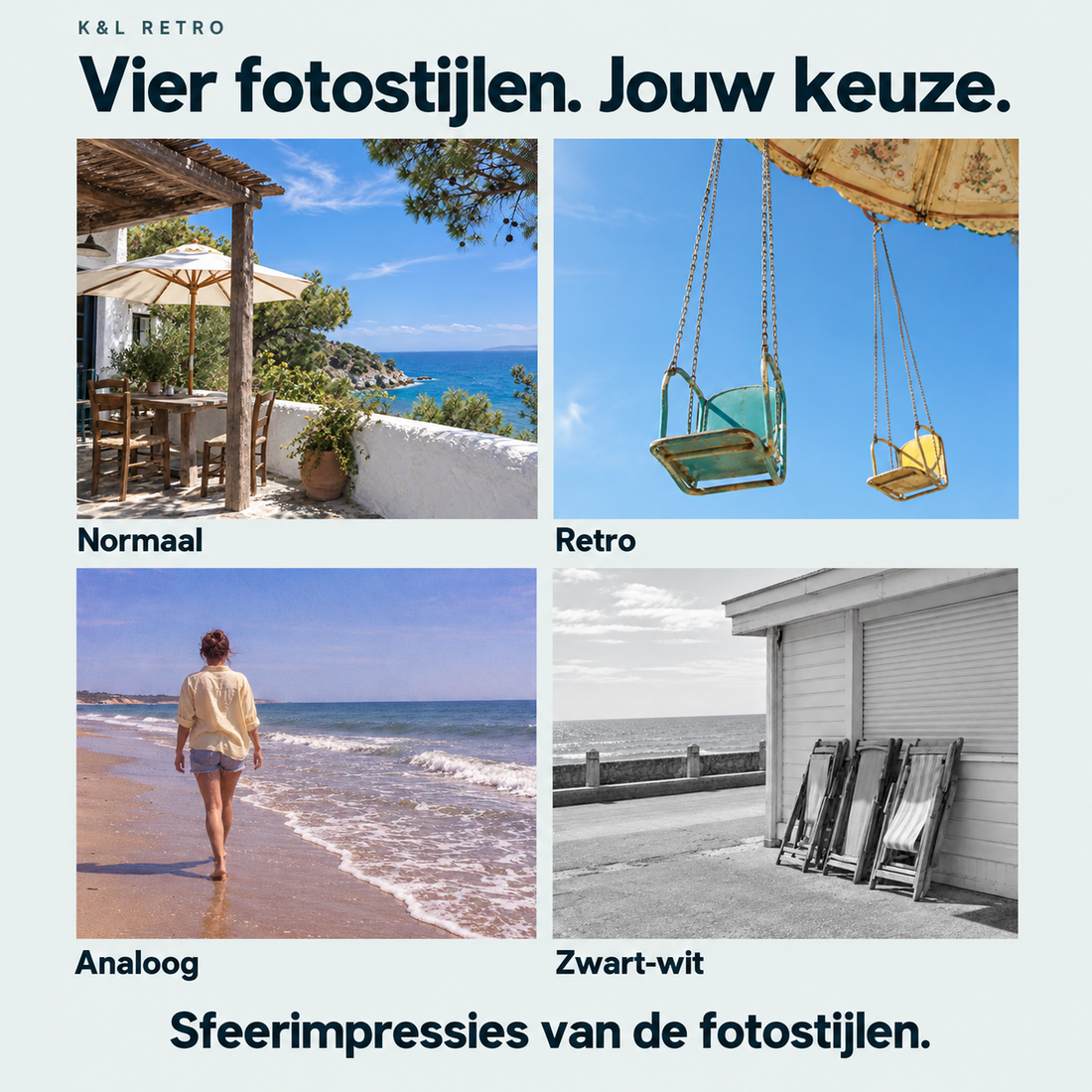 Sfeerimpressies van vier fotostijlen: Normaal, Retro, Analoog en Zwart-wit.
