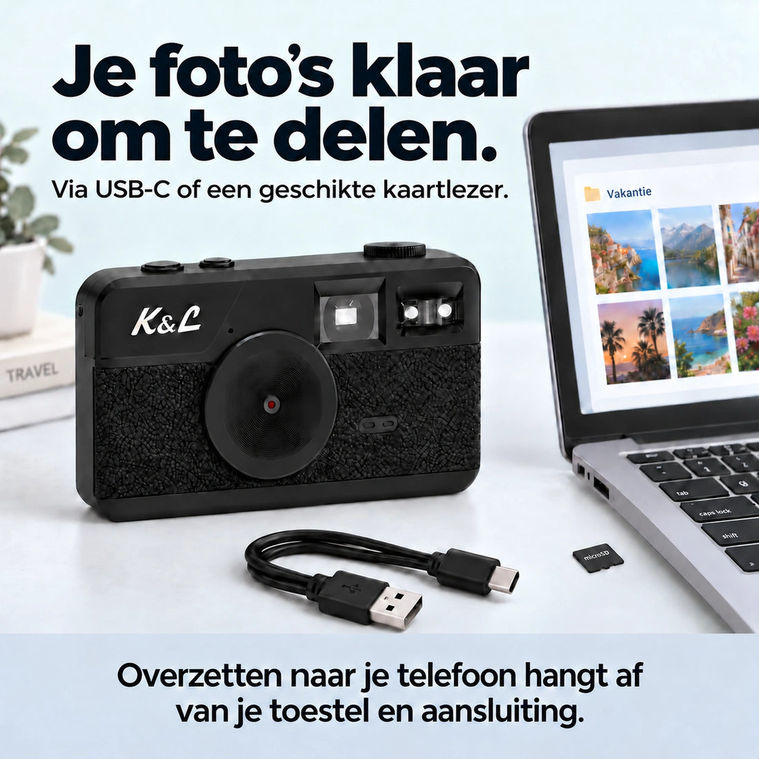 Foto’s overzetten via USB-C naar je computer. Kaartlezer niet inbegrepen.