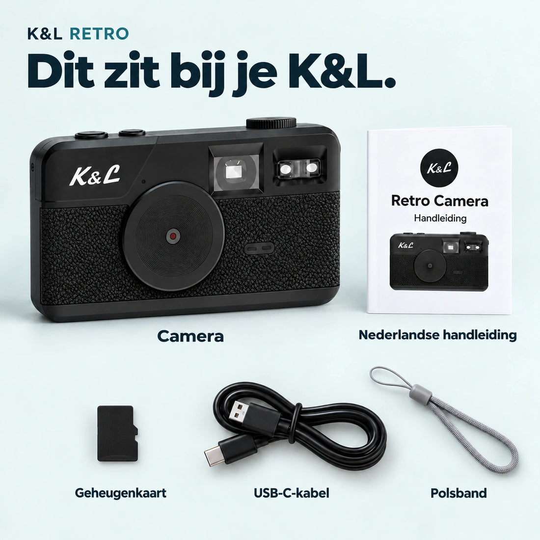 Camera, geheugenkaart, USB-C kabel en polsbandje. Kaartlezer niet inbegrepen.