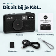 Camera, geheugenkaart, USB-C kabel en polsbandje. Kaartlezer niet inbegrepen.